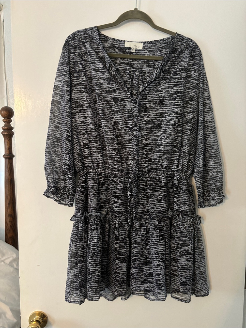 Pinch Navy and White Patterned Tiered V-Neck Mini Dress